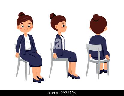 Imprenditrice costruttrice. Donna d'affari in costume seduto sulla sedia. Kit per la personalizzazione. Confezione di personaggi in varie angolazioni. Responsabile e contabile Illustrazione Vettoriale