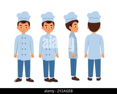 Costruttore di chef maschile. Uomo in uniforme da cuoco. Kit per la personalizzazione. Confezione di personaggi in varie angolazioni. Cottura e preparazione degli alimenti. Vettore piatto Illustrazione Vettoriale
