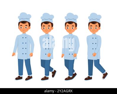 Costruttore di chef maschile. Uomo in uniforme da cuoco. Kit per la creazione di cartoni animati. Confezione di personaggi in varie angolazioni. Cottura e preparazione degli alimenti. Catering Illustrazione Vettoriale