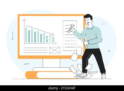 Uomo con crisi finanziaria. Giovane vicino a grafici e diagrammi. Uomo d'affari con rischio di fallimento. Commercio e investimenti, economia. Vettore lineare Illustrazione Vettoriale