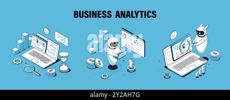 Set di poster dei bot aziendali isometrici. Assistente virtuale con grafici e laptop. Intelligenza artificiale e apprendimento automatico. Design della pagina Web di destinazione Illustrazione Vettoriale