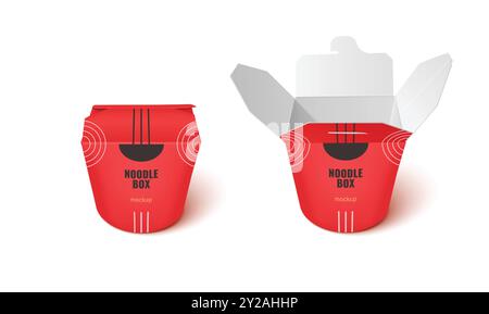 Pacchetto di cibo rosso cinese da asporto. Mockup scatola di noodle. Modello di carta da asporto per la consegna di wok dal ristorante. Aprire la confezione del sacchetto per la pasta. Design realistico in cartone per il vettore di trasporto dei pasti in asia Illustrazione Vettoriale