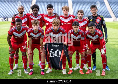 Bridgeview, Stati Uniti. 8 settembre 2024. Giocatori di Chicago in posa per le foto XI di partenza per la partita di calcio MLS NextPro tra Chicago Fire FC II e FC Cincinnati II al SeatGeek Stadium. Punteggio finale: Chicago Fire FC II 1:1 FC Cincinnati II credito: SOPA Images Limited/Alamy Live News Foto Stock