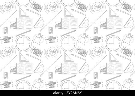 Illustrazione vettoriale di pattern senza interruzioni delle forniture back-to-School, inclusi libri, orologio, campana e altro ancora. Perfetto per colorare libri ed educativi Illustrazione Vettoriale