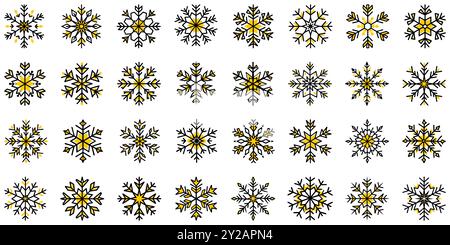 Icona del fiocco di neve. Serie di icone con fiocchi di neve diversi. Decorazioni natalizie. Fiocco di neve disegnato nero. Sagoma per fiocchi di neve. Illustrazione vettoriale. Illustrazione Vettoriale