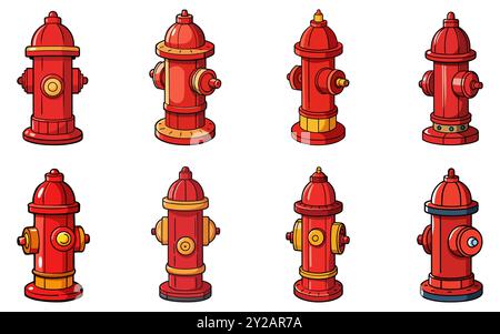 Icona idrante del fuoco. Serie di icone rosse degli idranti antincendio isolate su sfondo bianco. Illustrazione vettoriale Illustrazione Vettoriale