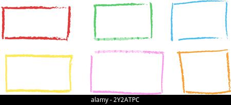 Set di telai disegnati a mano a matita di cera. Collezione di scritti di bambini di forme rettangolari e geometriche quadrate pastello. Illustrazione vettoriale. Colorato Illustrazione Vettoriale