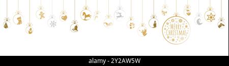 Appendere baubles di colore oro con diverse icone astratte per natale e Inverno tempo i concetti e gli auguri di Natale e Anno Nuovo Illustrazione Vettoriale