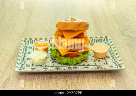 Un ottimo hamburger multistrato con filetti di pollo impanati, verdure, tanto formaggio e salse Foto Stock