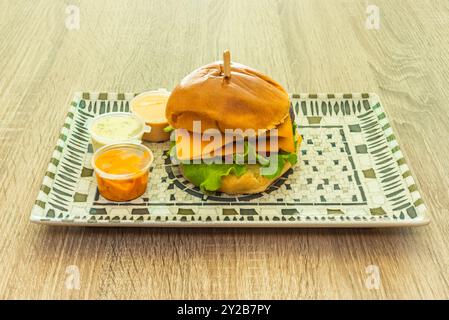 Un hamburger con manzo, verdure, un sacco di formaggio e salse Foto Stock