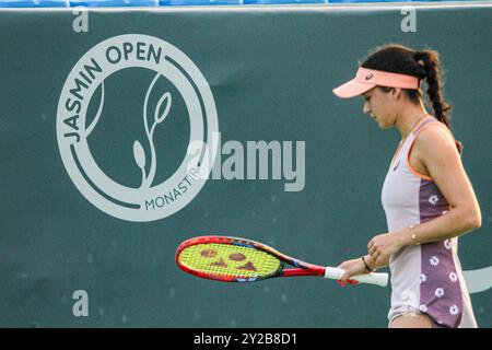 Monastir, Tunisia. 9 settembre 2024. Eva Lys della Germania gioca contro Lesia Tsurenko dell'Ucraina al Jasmin Open di Monastir, Tunisia. Il torneo di tennis professionistico femminile si svolge al Magic Hotel Skanes di Monastir dal 9 al 15 settembre 2024 Foto Stock