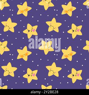Kawaii è un modello senza cuciture. Stampa stellata ripetuta. Personaggi cartoni animati sorridenti. Bambini divertenti mascotte. Emozioni felici. Belle mascotte. Gioioso Illustrazione Vettoriale