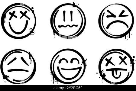 Set di emoji vernice spray per graffiti. Elementi di design per emoticon grunge e sporchi per banner, volantini, cartoline, poster, collage e annunci. Illustrazione Vettoriale