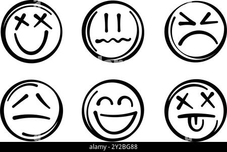 Set di emoji disegnate a mano. Elementi di design di emoticon vettoriali per striscioni, volantini, cartoline, poster, collage, annunci e web. Illustrazione Vettoriale