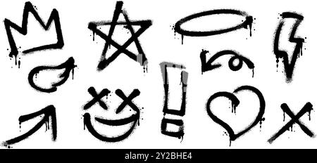 Set di icone di vernice spray per graffiti. Elementi decorativi grunge e sporchi per banner, volantini, cartoline, poster, collage e annunci. Illustrazione Vettoriale
