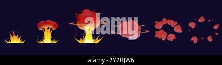 Animazione di un cartone animato esplosivo. Effetto esplosivo bomba. Nuvole di fumo. Fuoco in fiamme. Energia atomica che esplode. Filmato temporizzato. Ferma il video in movimento Illustrazione Vettoriale