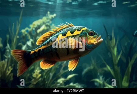 Esplora il mondo del Peacock Bass Fish, il predatore colorato del Sud America, conosciuto per la sua potenza e bellezza. Un must per i pescatori in cerca di trofei! Illustrazione Vettoriale