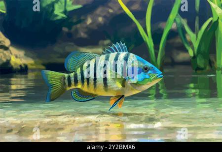 Esplora il mondo del Peacock Bass Fish, il predatore colorato del Sud America, conosciuto per la sua potenza e bellezza. Un must per i pescatori in cerca di trofei! Illustrazione Vettoriale