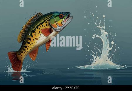Esplora il mondo del Peacock Bass Fish, il predatore colorato del Sud America, conosciuto per la sua potenza e bellezza. Un must per i pescatori in cerca di trofei! Illustrazione Vettoriale