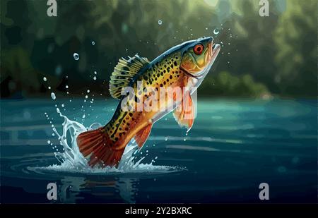 Esplora il mondo del Peacock Bass Fish, il predatore colorato del Sud America, conosciuto per la sua potenza e bellezza. Un must per i pescatori in cerca di trofei! Illustrazione Vettoriale