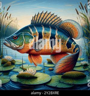 Esplora il mondo del Peacock Bass Fish, il predatore colorato del Sud America, conosciuto per la sua potenza e bellezza. Un must per i pescatori in cerca di trofei! Illustrazione Vettoriale