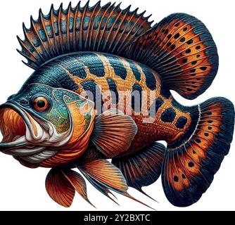 Esplora il mondo del Peacock Bass Fish, il predatore colorato del Sud America, conosciuto per la sua potenza e bellezza. Un must per i pescatori in cerca di trofei! Illustrazione Vettoriale