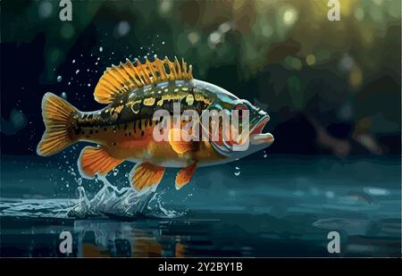 Esplora il mondo del Peacock Bass Fish, il predatore colorato del Sud America, conosciuto per la sua potenza e bellezza. Un must per i pescatori in cerca di trofei! Illustrazione Vettoriale