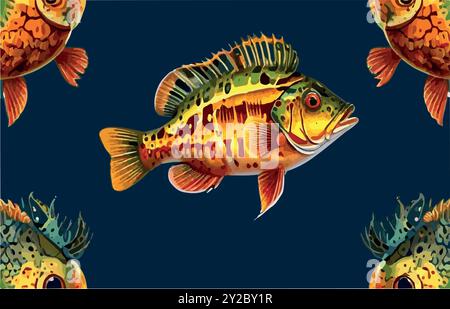 Esplora il mondo del Peacock Bass Fish, il predatore colorato del Sud America, conosciuto per la sua potenza e bellezza. Un must per i pescatori in cerca di trofei! Illustrazione Vettoriale
