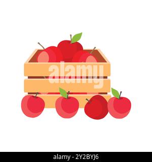 Mele rosse mature fresche in scatola di legno isolata su fondo bianco. Illustrazione vettoriale Illustrazione Vettoriale