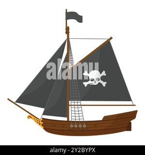 Nave pirata con Jolly roger teschio su vela nera. Viaggio avventuroso. Trasporto per via d'acqua. Vecchia icona vettoriale di legno. Barca a vela, barca a vela a vento pir Illustrazione Vettoriale