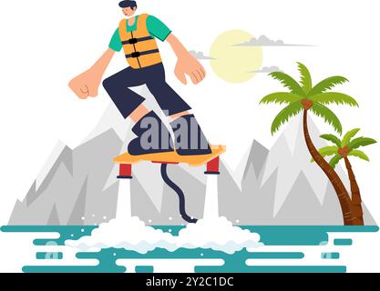 Illustrazione del vettore flyboard con persone che cavalcano un Jet Pack durante le vacanze estive in spiaggia in uno sfondo di cartone animato per sport acquatici estremi in stile piatto Illustrazione Vettoriale