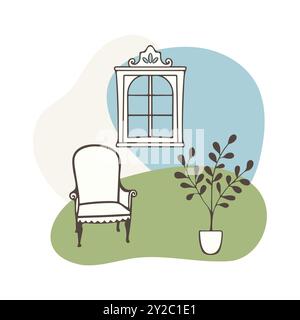 Intimo interno in stile provenzale con elegante poltrona e piante in vaso vicino alla grande finestra, semplice disegno a scarabocchio con forme armoniose sullo sfondo. Illustrazione vettoriale Illustrazione Vettoriale