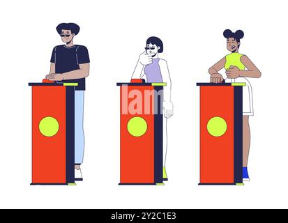 Il quiz mostra i partecipanti in piedi dietro il podio del cicalino, il set di personaggi dei cartoni animati 2D. Illustrazione Vettoriale