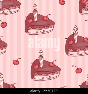 Motivo senza cuciture con dolce pezzo di torta di compleanno al cioccolato natalizio con ciliegie e candela su sfondo rosa a righe. Divertente cartone animato kawaii per le vacanze Illustrazione Vettoriale