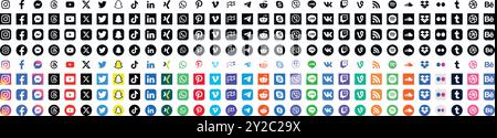 Set di icone dei contatti dei social media. Raccolta di simboli vettoriali dei social network per Web, biglietti da visita, volantini, banner, poster, pubblicità. Illustrazione Vettoriale