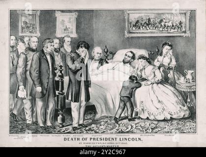 La morte del presidente Lincoln. A Washington, D.C. 15 aprile 1865 - la stampa mostra il presidente Lincoln sul suo letto di morte circondato da membri della sua famiglia, del suo gabinetto e di altri funzionari governativi Foto Stock