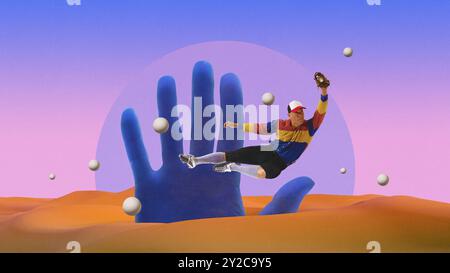 Giocatore di baseball maschile che salta attraverso un vasto deserto, mani blu giganti che emergono dalla sabbia, creando momenti surreali di sport e mistero. Arte contemporanea Foto Stock