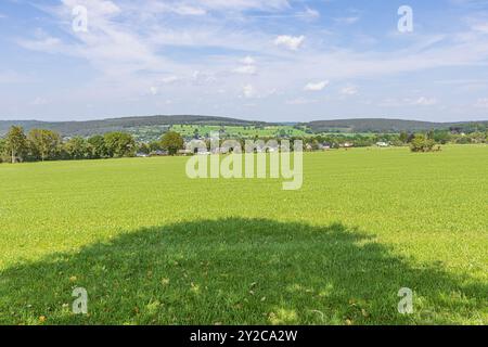 Colline ondulate e paesaggi agricoli intorno a Recht nelle vicinanze di Sankt Vith vicino al confine tedesco sull'altopiano di Eifel Foto Stock
