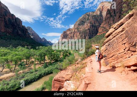 Vista posteriore di una donna in piedi sul bordo della scogliera godendo della vista dal Zion National Park Canyon Overlook, Utah, USA. Foto Stock