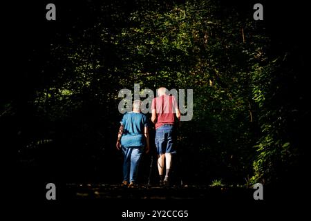 Berlino, Germania. 5 settembre 2024. Foto simbolica sul tema dei pensionati. Una vecchia coppia cammina lungo un sentiero insieme. Berlino, 5 settembre 2024 credito: dpa/Alamy Live News Foto Stock