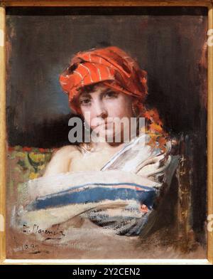 Girl in a Red Scarf / Head study di Casto Plasencia Maestro (1845-1890).in Frame. Foto Stock