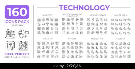 Insieme di icone della linea tecnologica Illustrazione Vettoriale