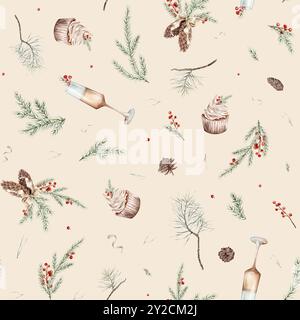 Capodanno senza cuciture con rami di abete e bacche rosse ilex o holly. Acquerello illustrazioni disegnate a mano torta di Natale e champagne. Isolato Foto Stock