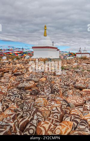 Ciottoli del lago sacro Manasarovar con geroglifici e mantra buddista principale Om mani Padme Hum , che può essere tradotto come Oh Jewel in The Lotus FL Foto Stock