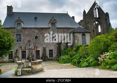 Pozzo d'acqua e vista dell'Abbazia di Beauport, Côtes d'Armor , Bretagne, Francia Foto Stock
