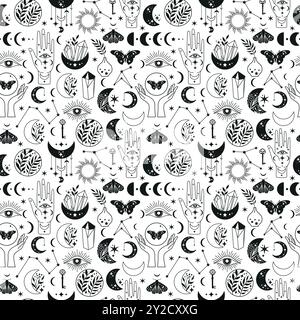 Modello senza cuciture fasi lunari mistiche e mani e falce femminili, alchimia esoterica spazio magico, vettore isolato su sfondo bianco Illustrazione Vettoriale