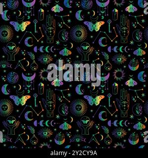 Modello senza cuciture icone lunari mistiche fasi e donne mani e moth, alchimia esoterica spazio magico, vettore neon isolato su sfondo nero Illustrazione Vettoriale