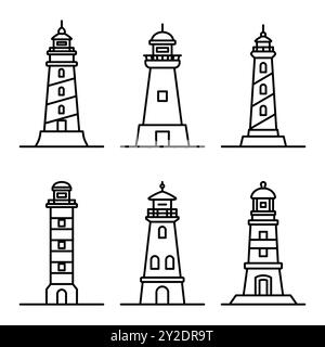 La linea del faro rappresenta un insieme di torri nautiche. Costa marina o spiaggia oceanica scogli e edifici faro, icone isolate. Illustrazione vettoriale. Illustrazione Vettoriale