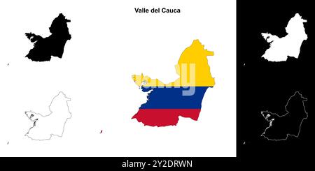 Set di mappe di contorno del dipartimento Valle del Cauca Illustrazione Vettoriale