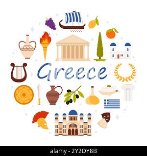 Viaggia in Grecia con il design di banner rotondi con testo greco e elementi culturali in cerchio. Bandiera di campagna e decorazioni degli antichi greci, antiche rovine e templi, illustrazioni di famosi vettori di cartoni animati Illustrazione Vettoriale